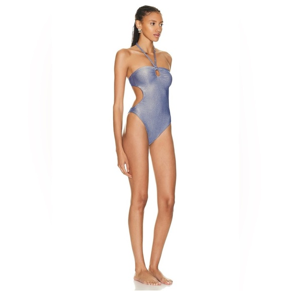 WOLFORD Disco High Shine Metallic Blue One Piece Swimsuit Womens XL NEW - Picture 5 of 9